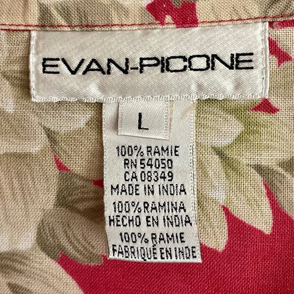 Evan Picone Red Cream Floral Print Ramie Camp Shirt Size L Summer Casual Cottage - Picture 5 of 7